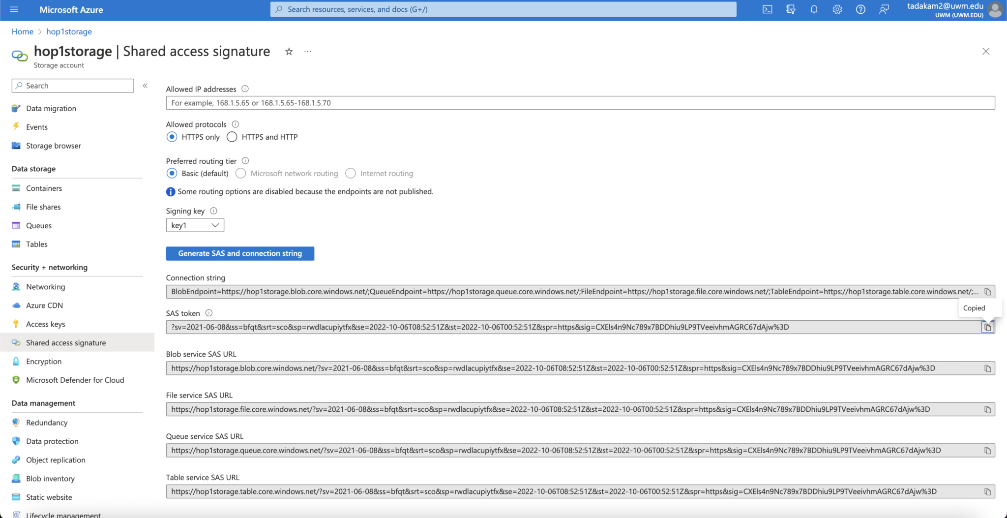 Azure Shared Access Signatures for Storage Accounts UWMilwaukee