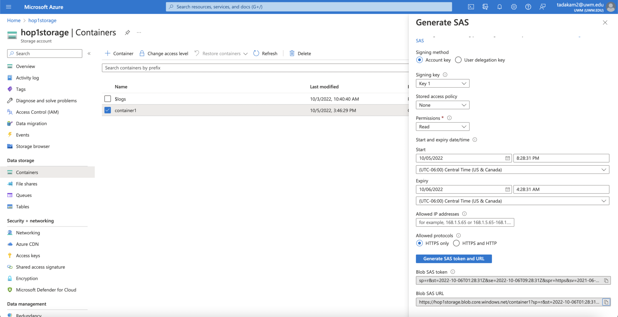 Azure Shared Access Signatures for Storage Accounts UWMilwaukee