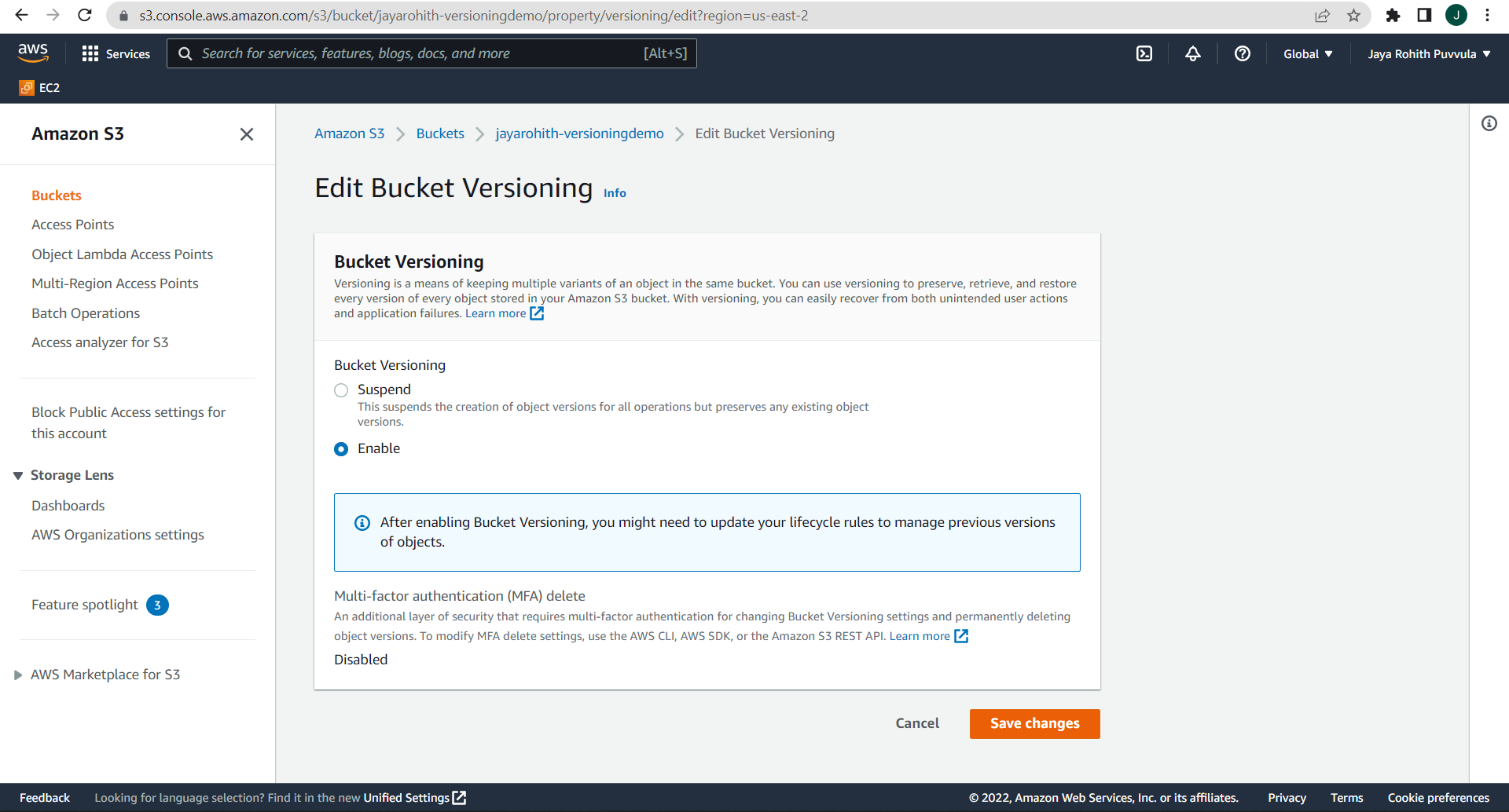 Using AWS Console to Enable Versioning UWMilwaukee Cloud Computing