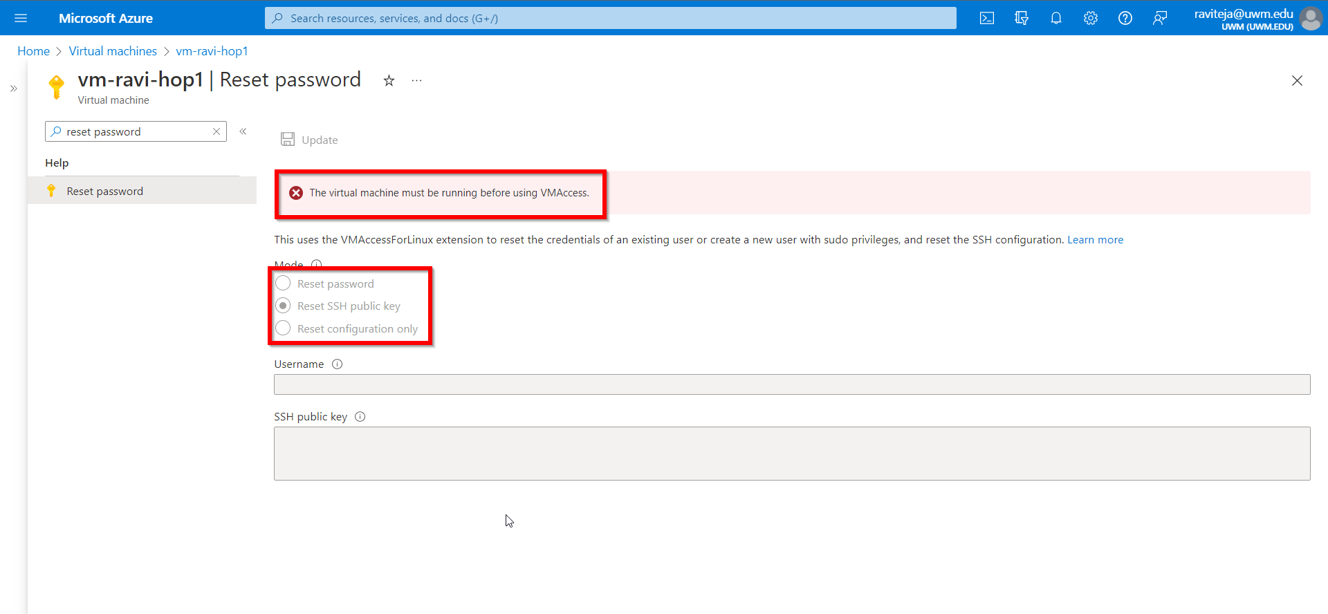Azure VM Password Reset feature UWMilwaukee Cloud Computing