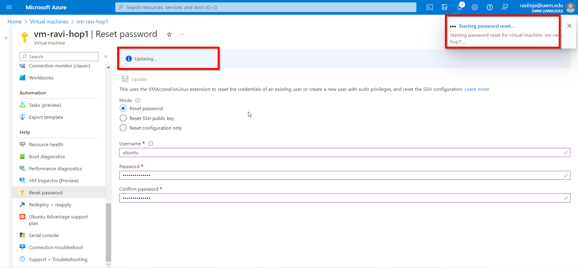 Azure VM Password Reset feature UWMilwaukee Cloud Computing